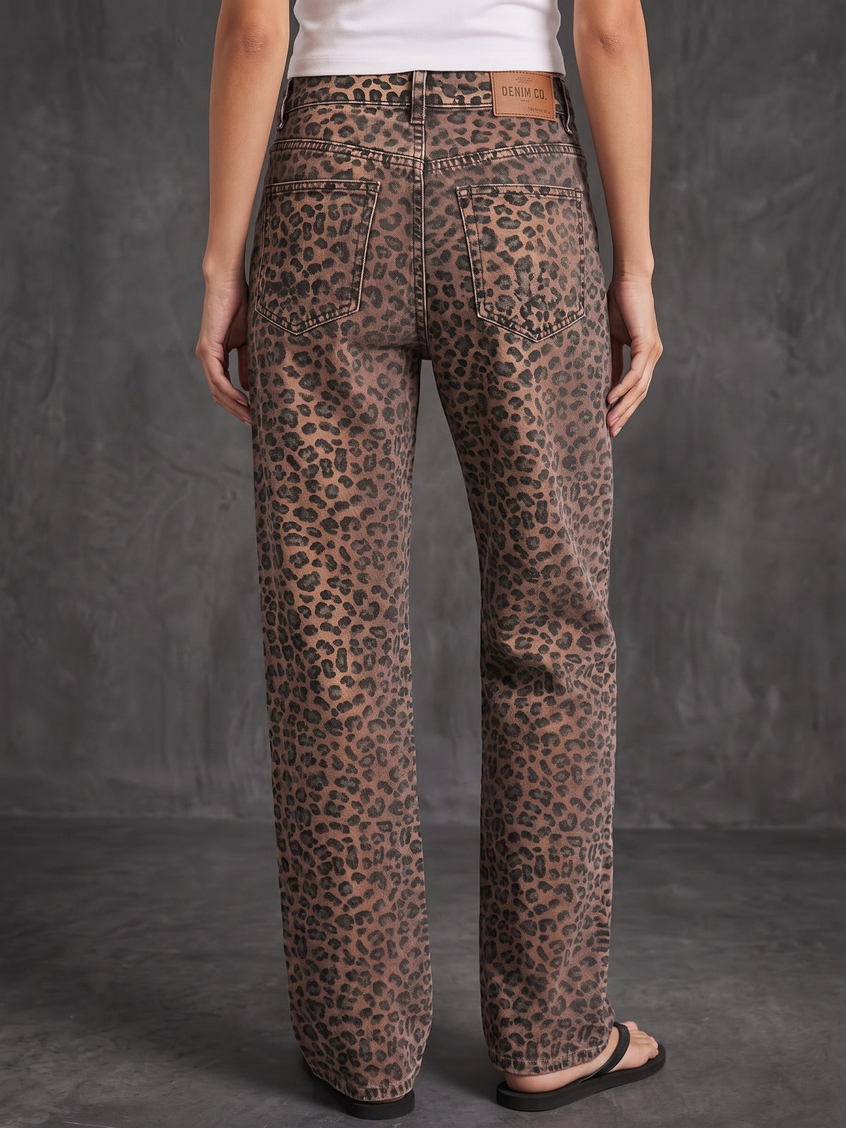 Distressed Washed Denim Leopard Print Straight-Leg Jeans