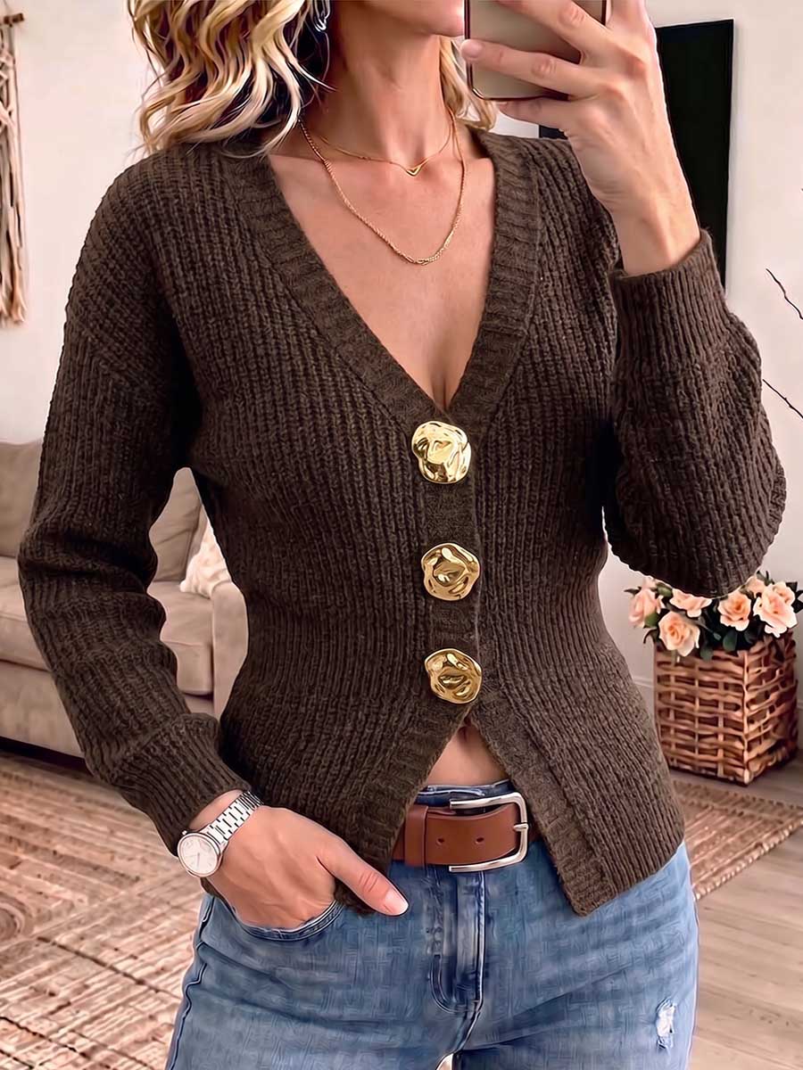 Women's Solid Color V-neck Long-sleeve Casual Loose Knit Cardigan