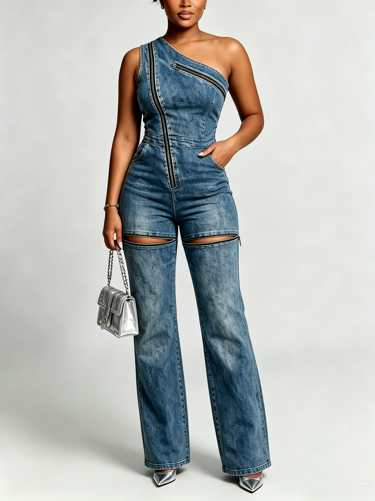 Edgy Two-way Denim Jumpsuit With Zipper Detail