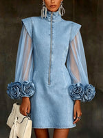 Romantic 3d Floral Denim Mesh Sleeve Zip-up Dress