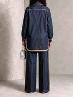 Elegant Denim Gold-Trimmed Two-Piece Set