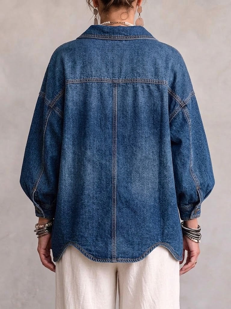 Collared Oversized Denim Jacket With Large Metal Buttons