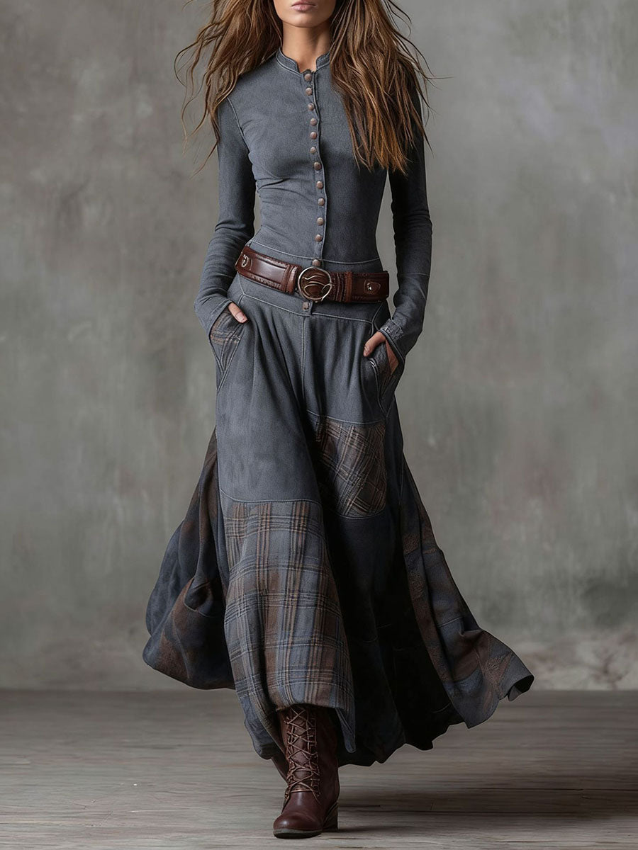Women's Stand Collar Long Sleeve Slim Fit Plaid Print Asymmetrical Patchwork Dress