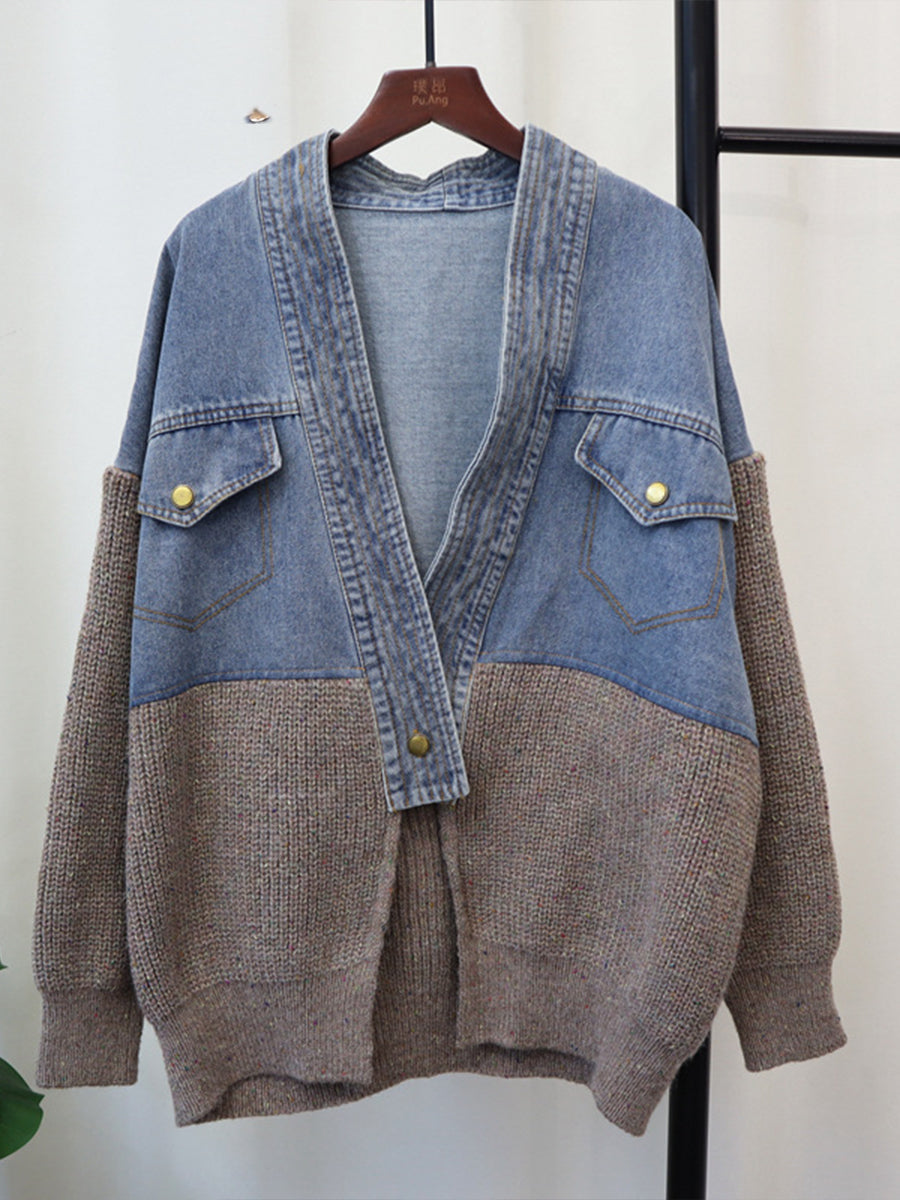 Relaxed, Laid-back Denim And Knit Patchwork Cardigan
