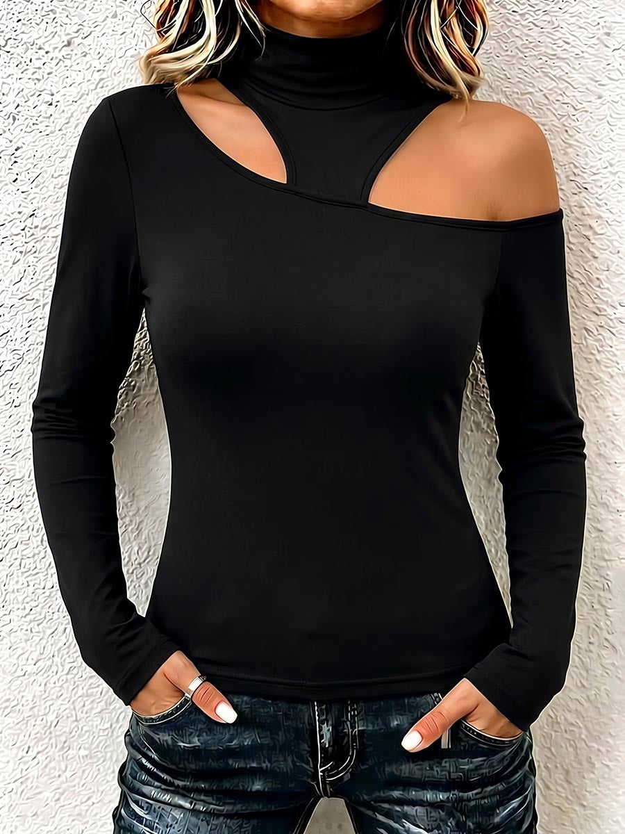Women's Solid-color Turtleneck Cut-out Long-sleeve Loose Casual Top