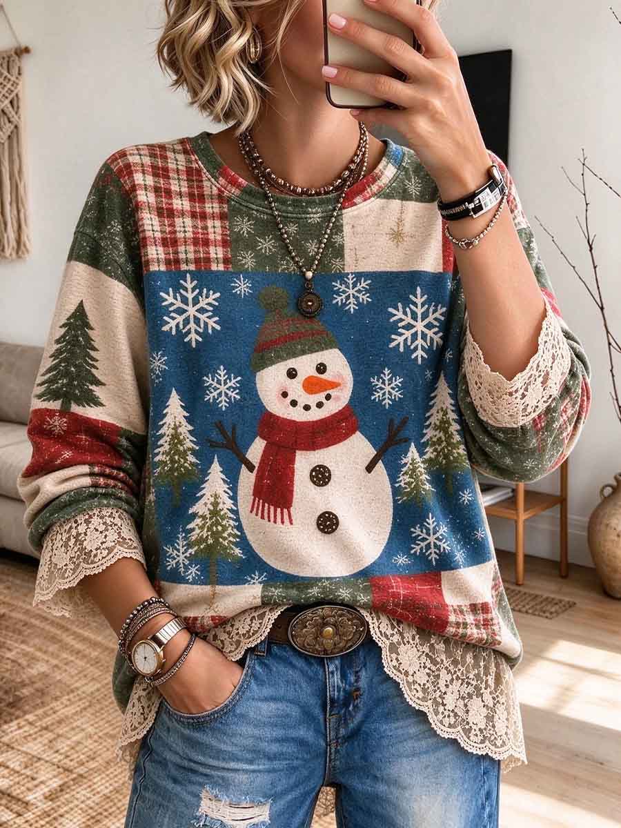 Women's Christmas Snowman Patchwork Top With Lace Trim