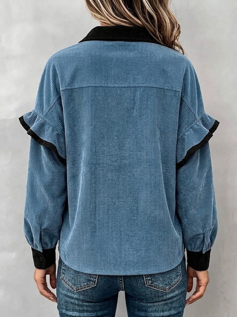 Color Contrast Collar Ruffle Corduroy Shirt Jacket