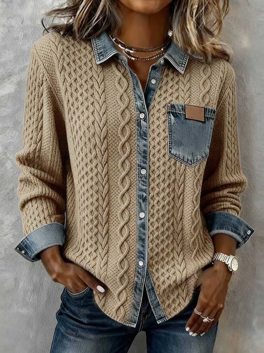 Women's Cable Knit Denim Patchwork Button-down Sweater