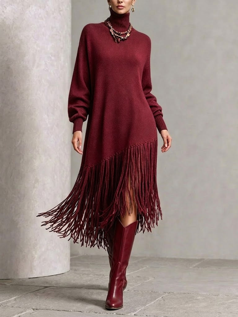 Turtleneck Diagonal Fringe Oversized Knit Midi Dress