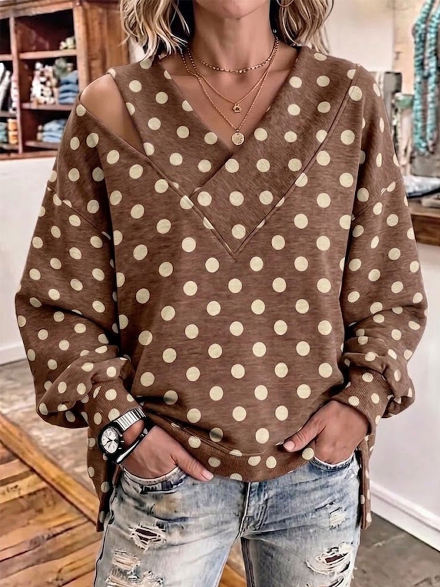 Retro Polka-dot Patchwork Asymmetrical Cut-out Top