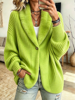 Relaxed Faux Fur Collar Ribbed Knitted Cardigan