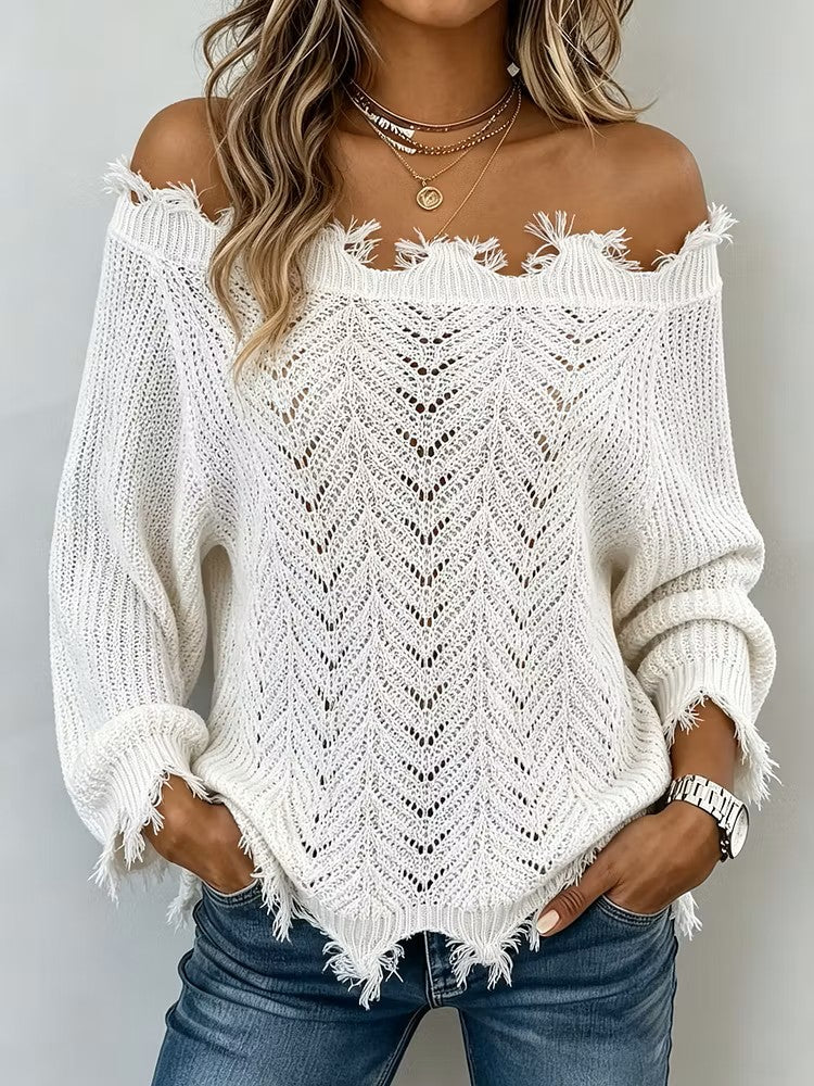 Exquisite Off-shoulder Cut-out Knit Top With Raw Edges