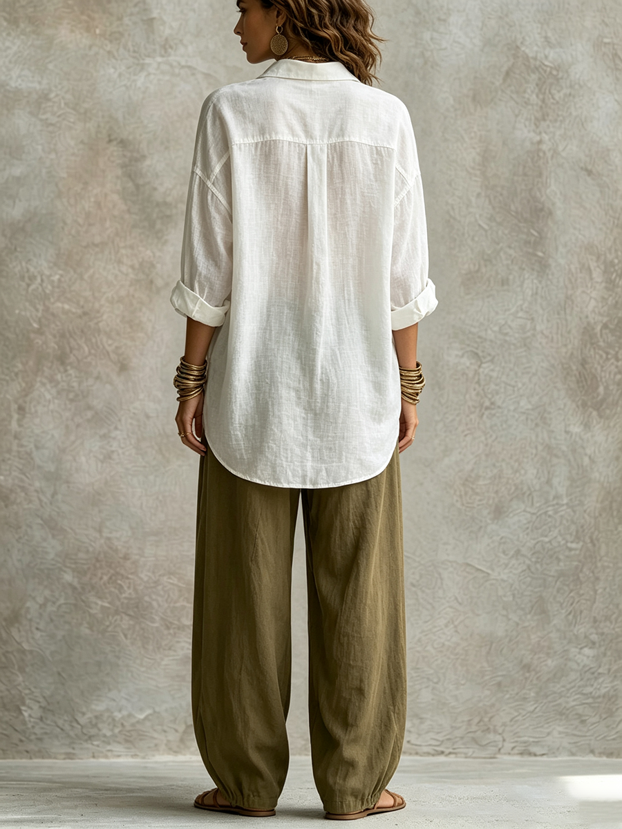 Chic Casual Relaxed-fit Olive Green Cotton Linen Outfit Set