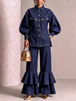 Puff‑sleeve Stitched Denim Top & Tiered Ruffle Flare Pants Set