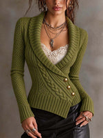 Women's Olive Green Cable Knit Wrap Sweater With Gold Buttons