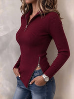 Chic Ribbed Half-Zip Asymmetric Hem Pullover