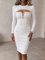 Women's Solid Color Crew Neck Cut-out Lace-up Long-sleeve Bodycon Knit Dress