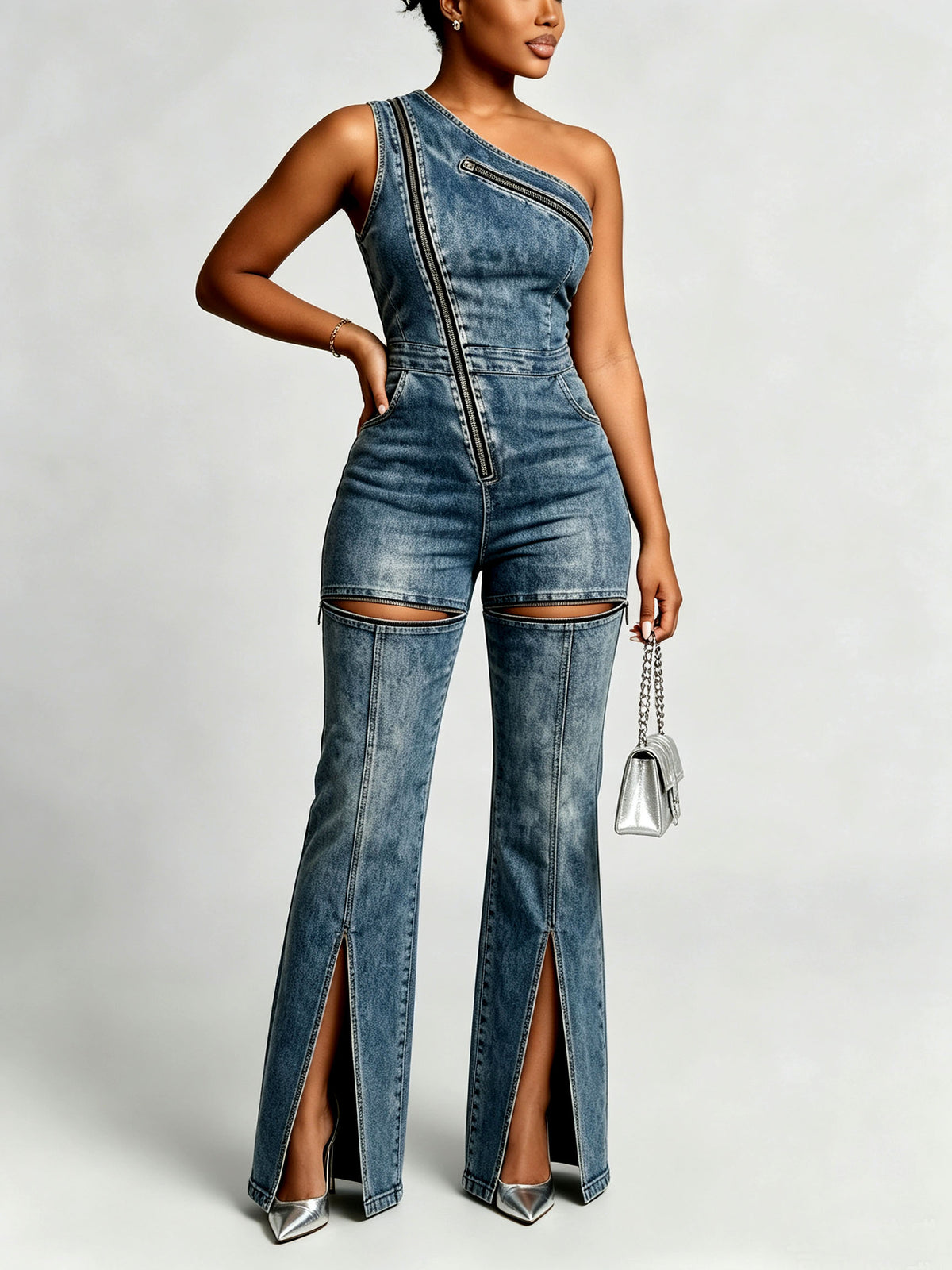 Edgy Two-way Functional Denim Flared Jumpsuit With Zipper Details