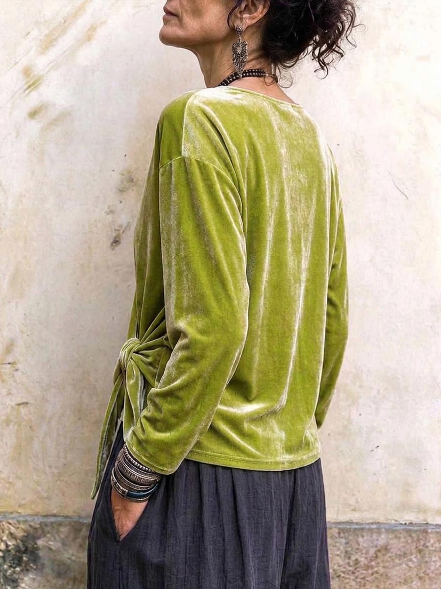 Women's Elegant Green Velvet Wrap V-neck Long Sleeve Top