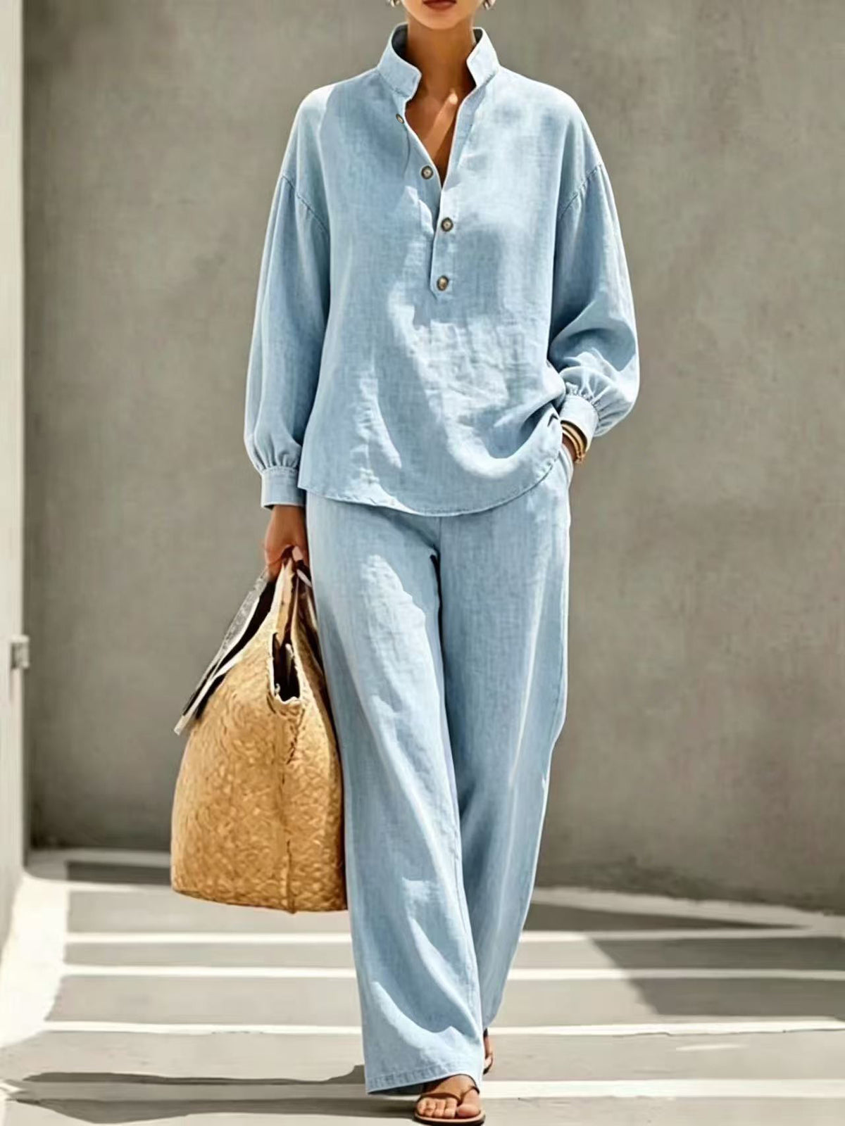 Casual, Minimalist Linen-cotton Shirt And Trousers Two-piece Setcasual, Minimalist Linen-cotton Shirt And Trousers Two-piece Set