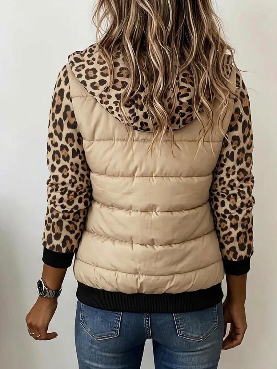 Women's Khaki Quilted Zip-up Jacket With Leopard Sleeves