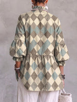 Artistic-style Linen Ruffle Top With A Diamond-patterned Texture
