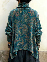 Women's Vintage Print High-neck Long-sleeve Loose-fit Velvet Top