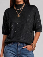 Chic Rhinestone-embellished Mock-neck Knit Top