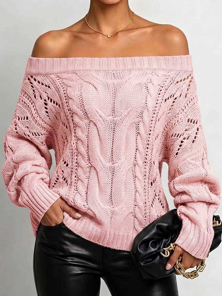 Women's Solid Color Off-shoulder Long-sleeved Casual Loose Knit Pullover Top