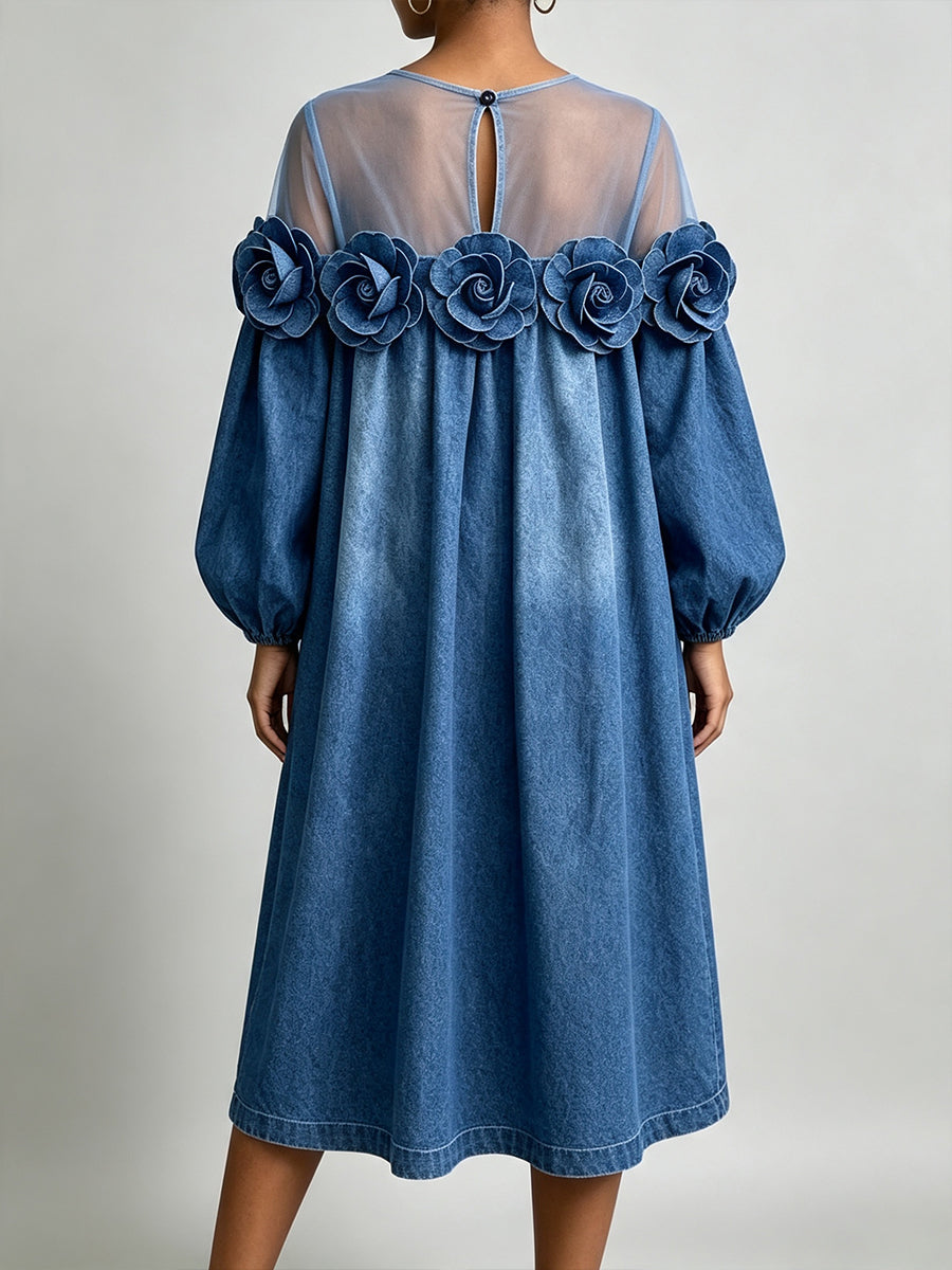 Loose-fit 3d Denim Rose Appliqué And Mesh Patchwork Denim Dress