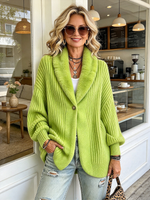 Relaxed Faux Fur Collar Ribbed Knitted Cardigan