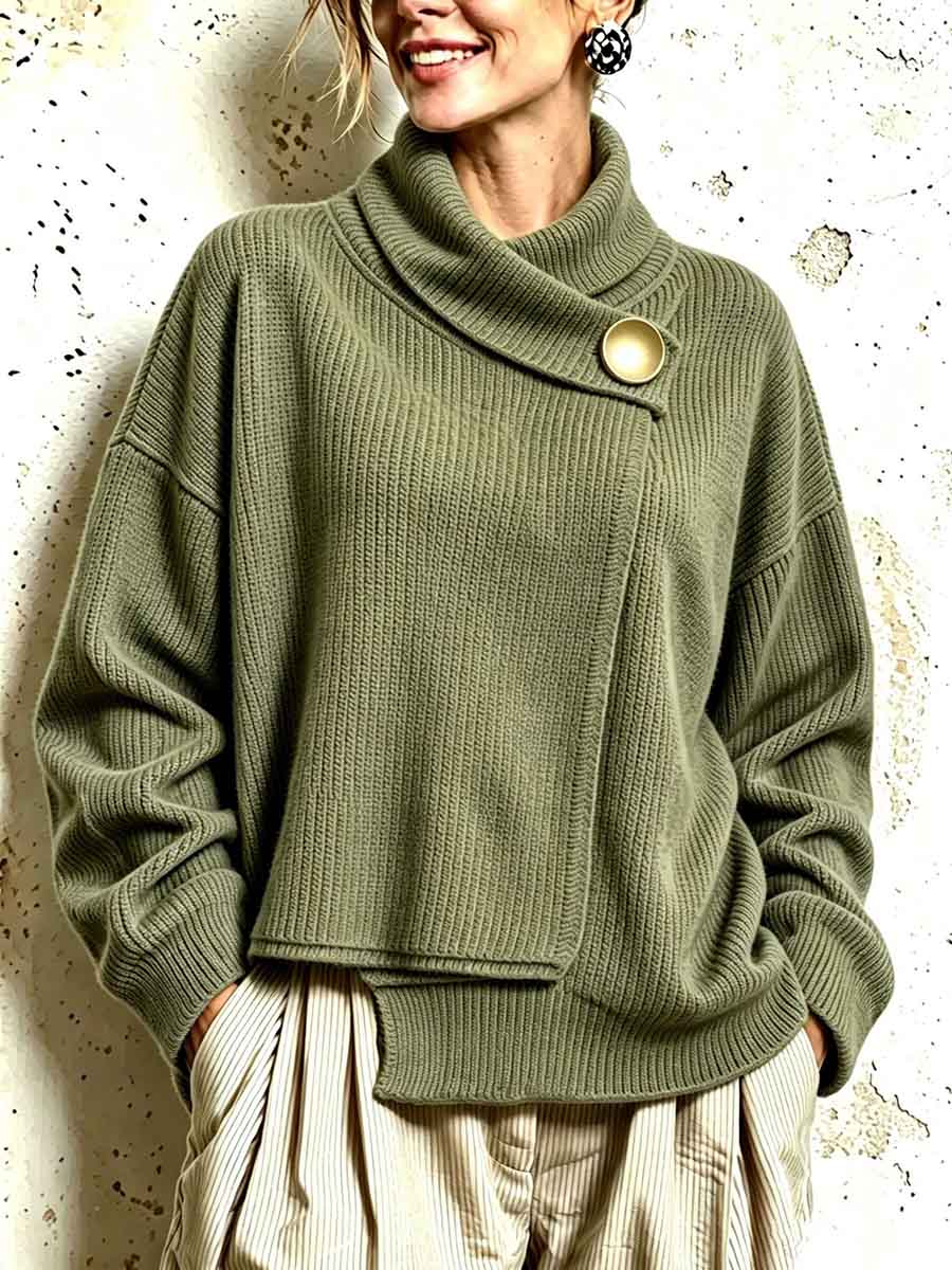 Asymmetric Wrap Collar Ribbed Knit Pullover Sweater
