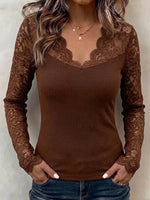 Slim-fit Long-sleeve Top With Scalloped V-neck And Lace Detailing