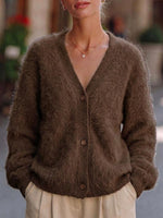 Women's Solid Color V-neck Long Sleeve Casual Loose Knit Cardigan
