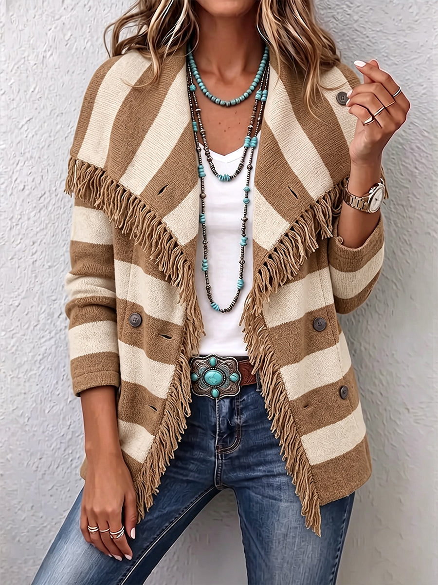 Boho Chic Striped Fringe Knit Cardigan