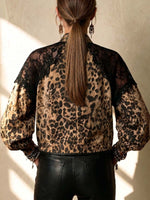 Women's Stand Collar Long Sleeve Casual Loose Leopard Print Patchwork Lace Jacket