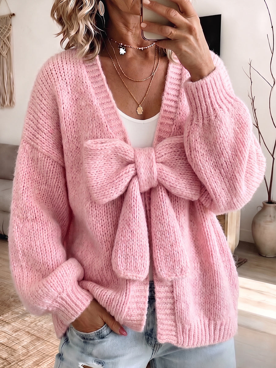 Cozy Bow-Accent Open-Front Knit Cardigan