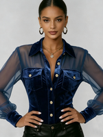 Elegant And Sexy Velvet Shirt With Mesh Sheer Sleeves