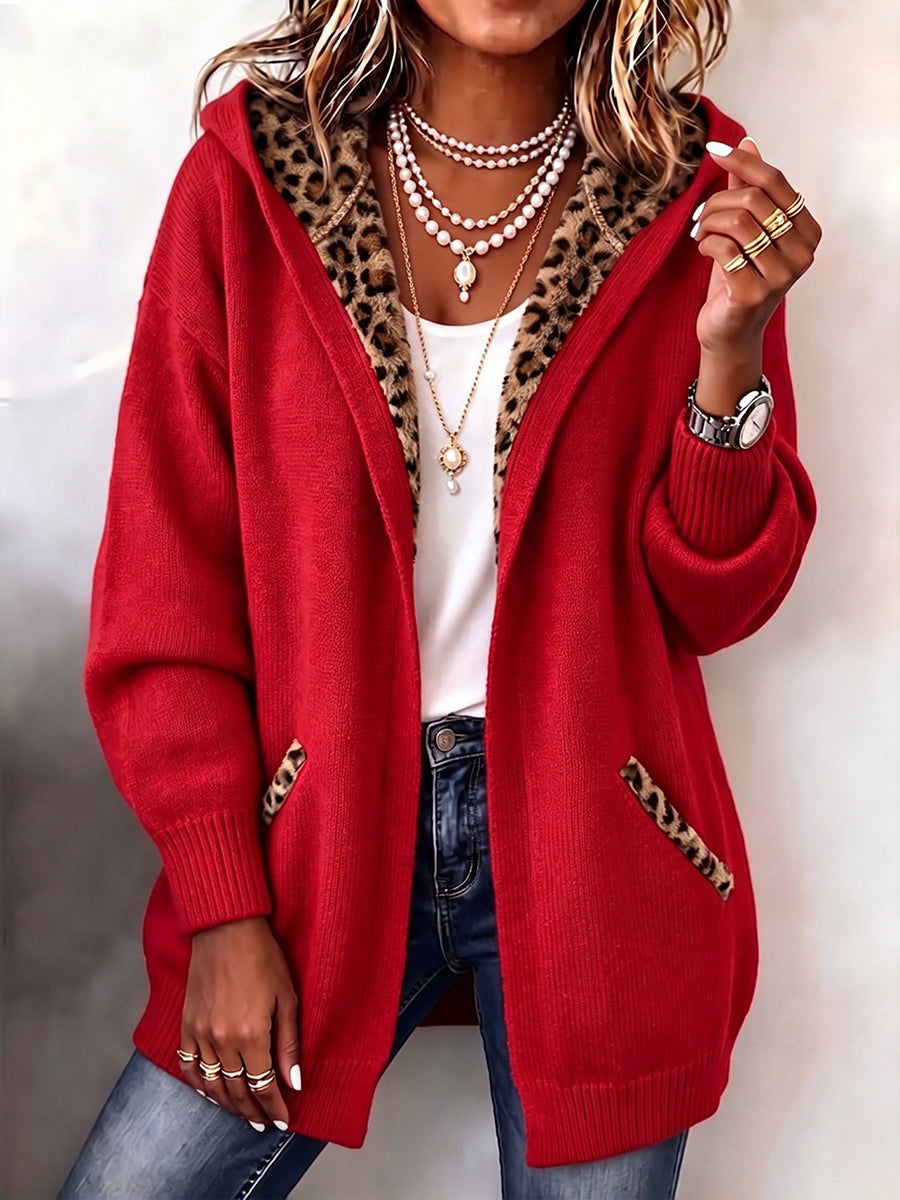 Cozy Leopard-Accented Knit Hooded Cardigan