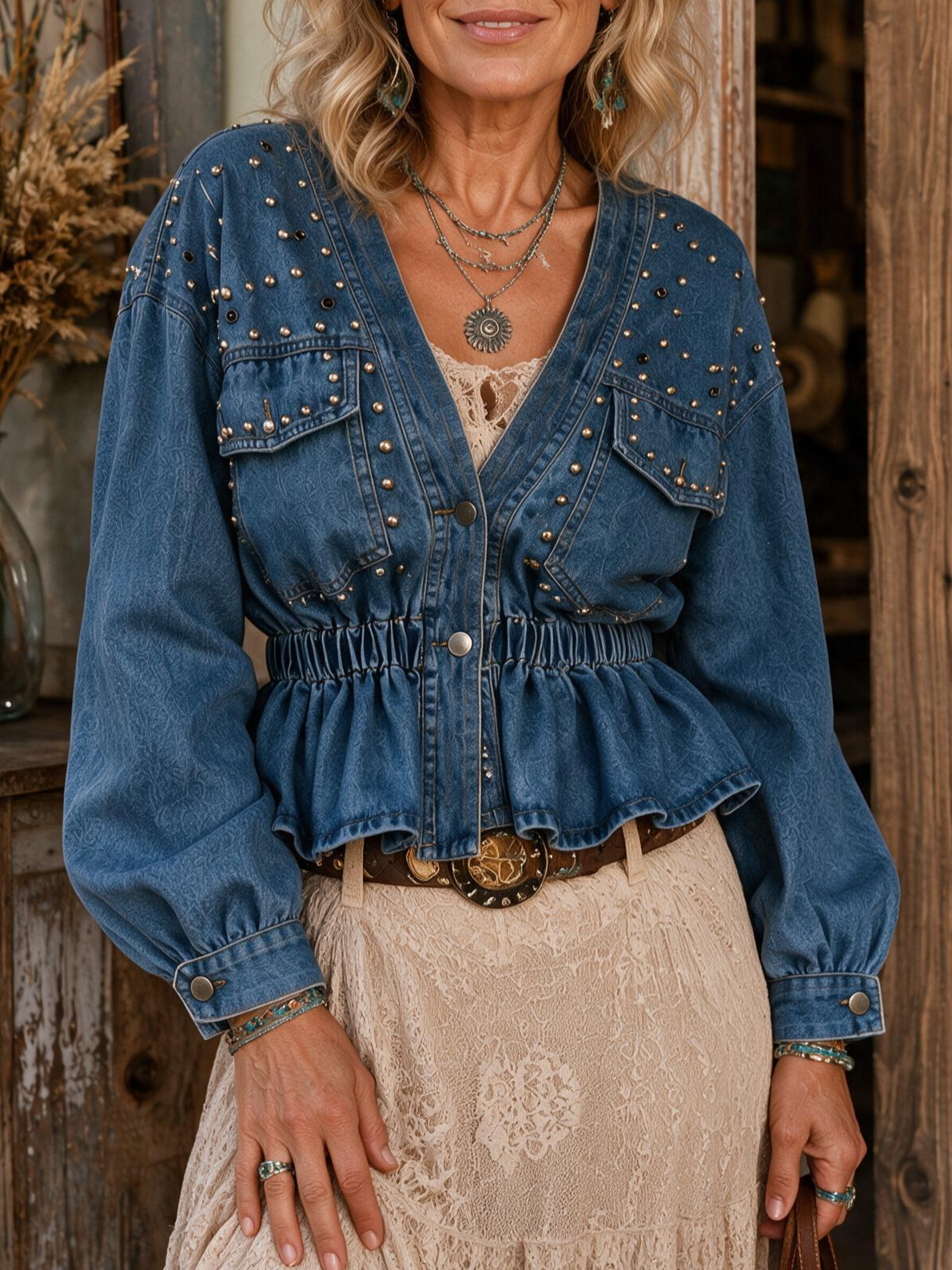 Vintage Studded Denim Peplum Jacket