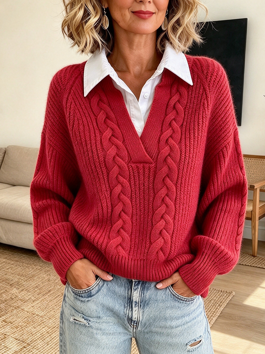 Classic Cable Knit False Two-piece Cable Sweater