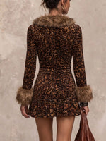Leopard-print Faux-fur Collar, Drawstring-ruched, Ruffled, Bodycon Mini Skirt