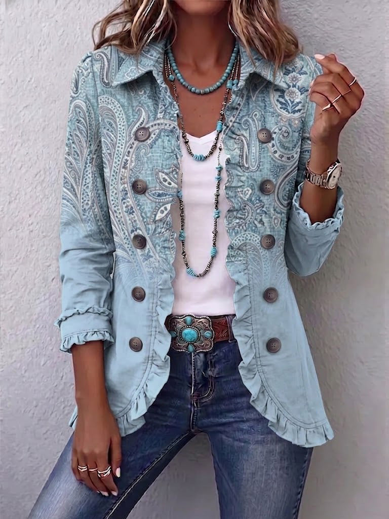 Boho-style Vintage Paisley Print Ruffled Jacket