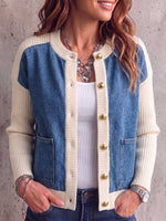 Women's Round Neck Long Sleeve Casual Loose Knitted Patchwork Denim Cardigan