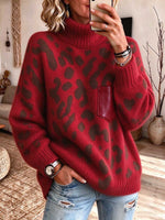 Women's Red Leopard Print Turtleneck Sweater With Leather Pocket