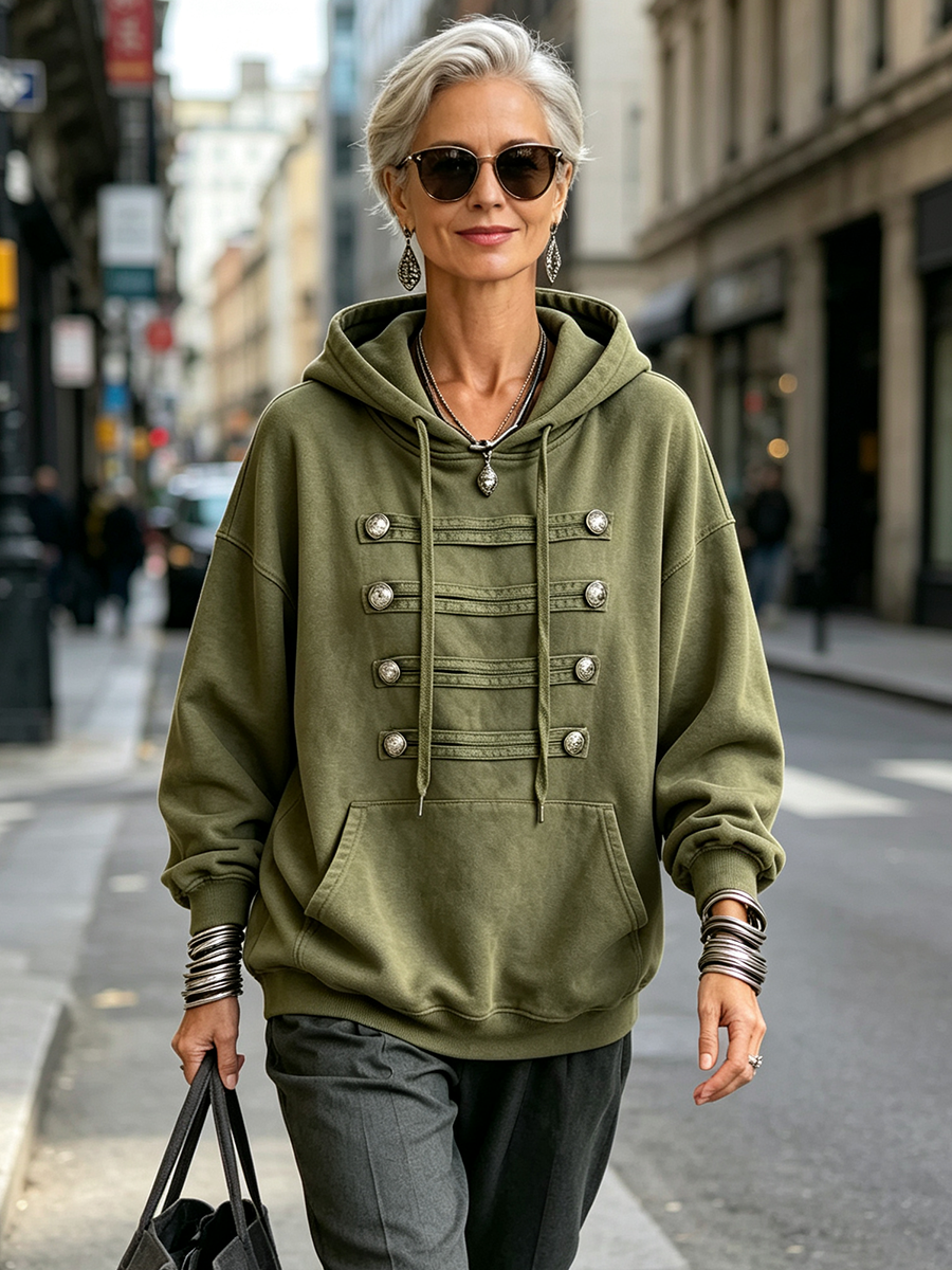 Military-chic Oversized Olive Green Hoodie