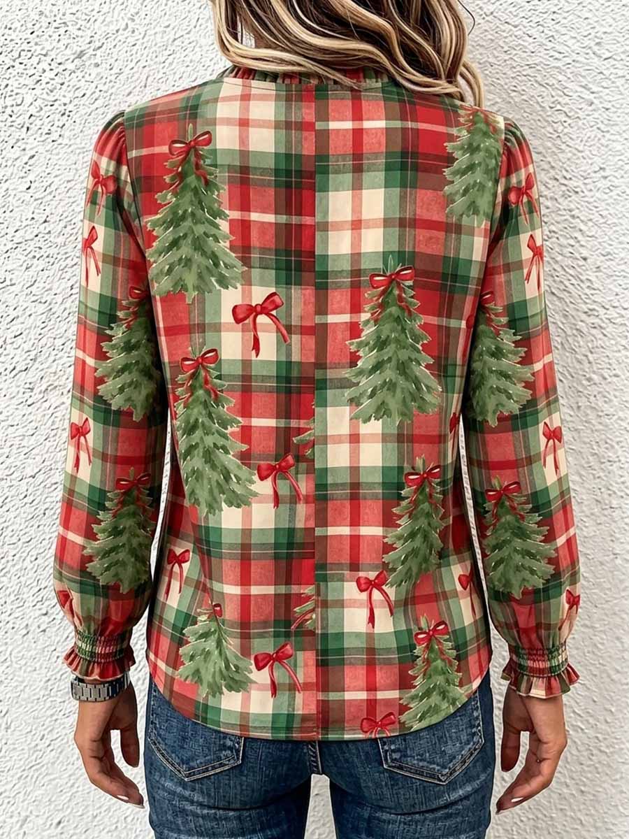 Women's Plaid Christmas Tree Print Cotton-linen Shirt – Lettuce-edge V-neck, Long Sleeve, Loose Casual Fit