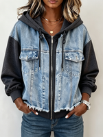 Casual Denim Patchwork Hooded Jacket
