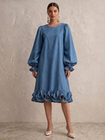 Elegant Ruffled Denim Midi Dress