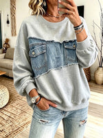 Relaxed-fit Casual Crew-neck Sweatshirt With Denim And Cotton Paneling